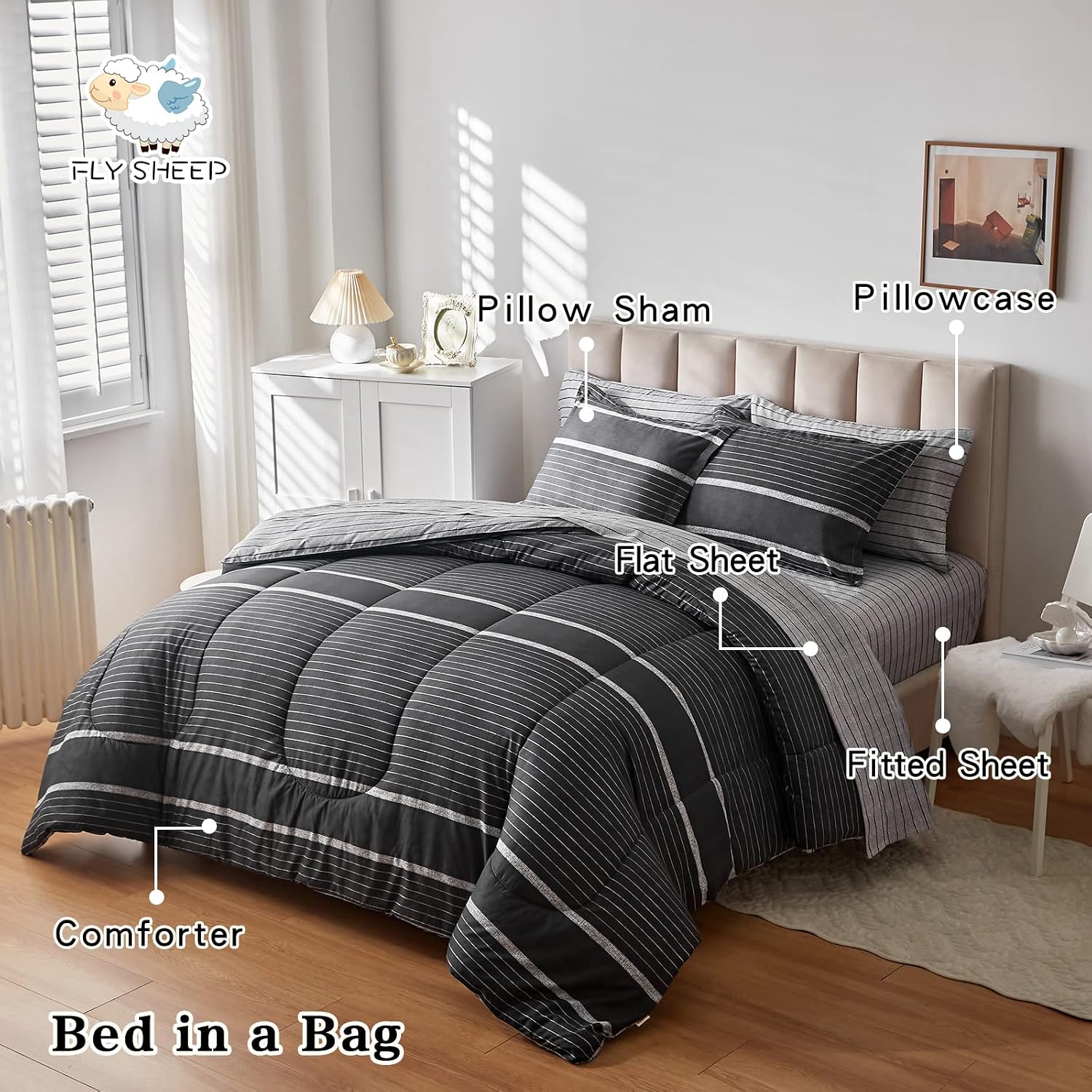 Thumbnail 1 de FlySheep D9 Boho Bed in a Bag, Queen, Reversible Striped Microfiber