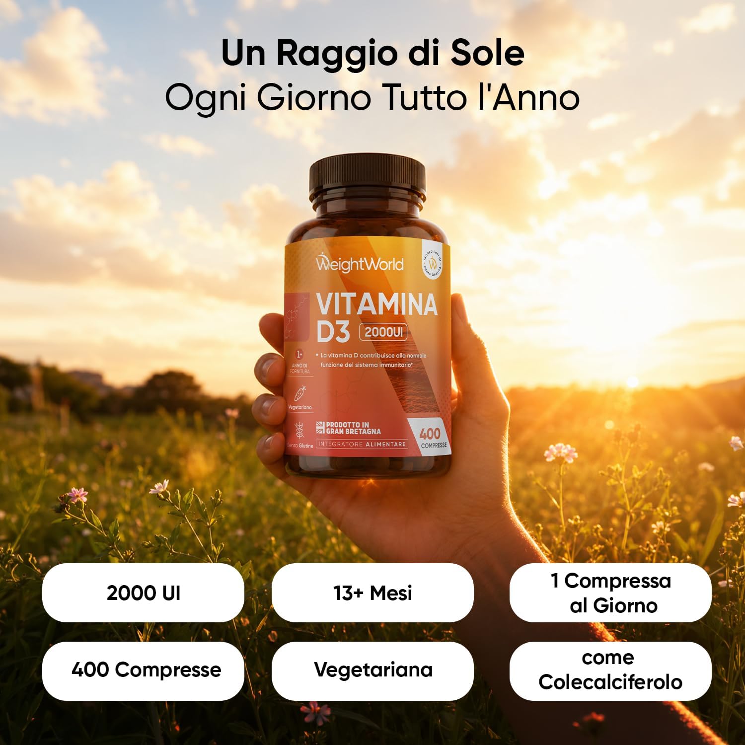 Detalle de WeightWorld Vitamina D3 2000 UI Colecalciferolo – Vegetariana, 400 Compresse