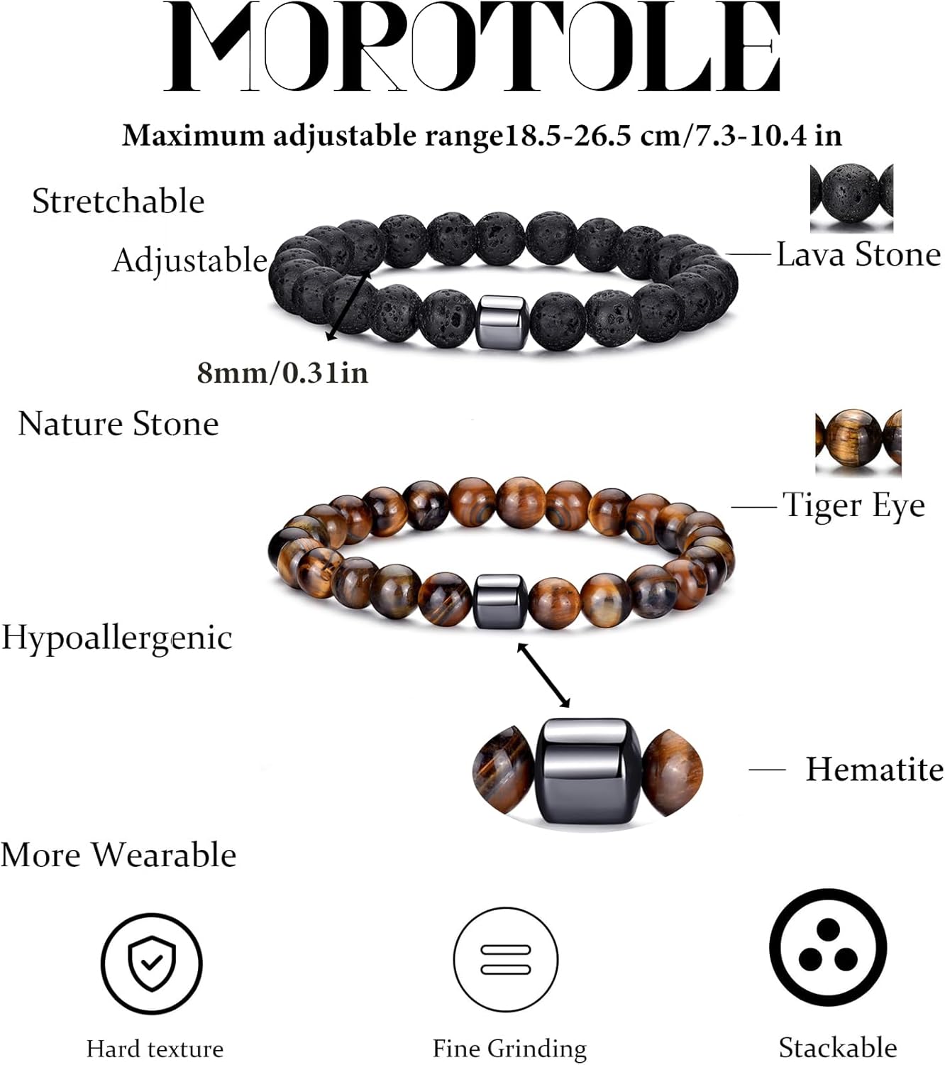 Thumbnail 2 de MOROTOLE Bracelet Œil de Tigre Homme 8 mm (lot 3 ou 4) avec pierres naturelles et pierre de lave