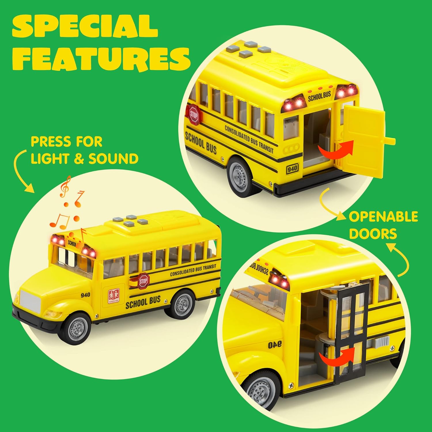 Detalle de JOYIN 4-Piece 7-Inch Vehicle Toy Set (Police Car, School Bus, Garbage Truck, Ambulance) With Lights & Siren Sounds