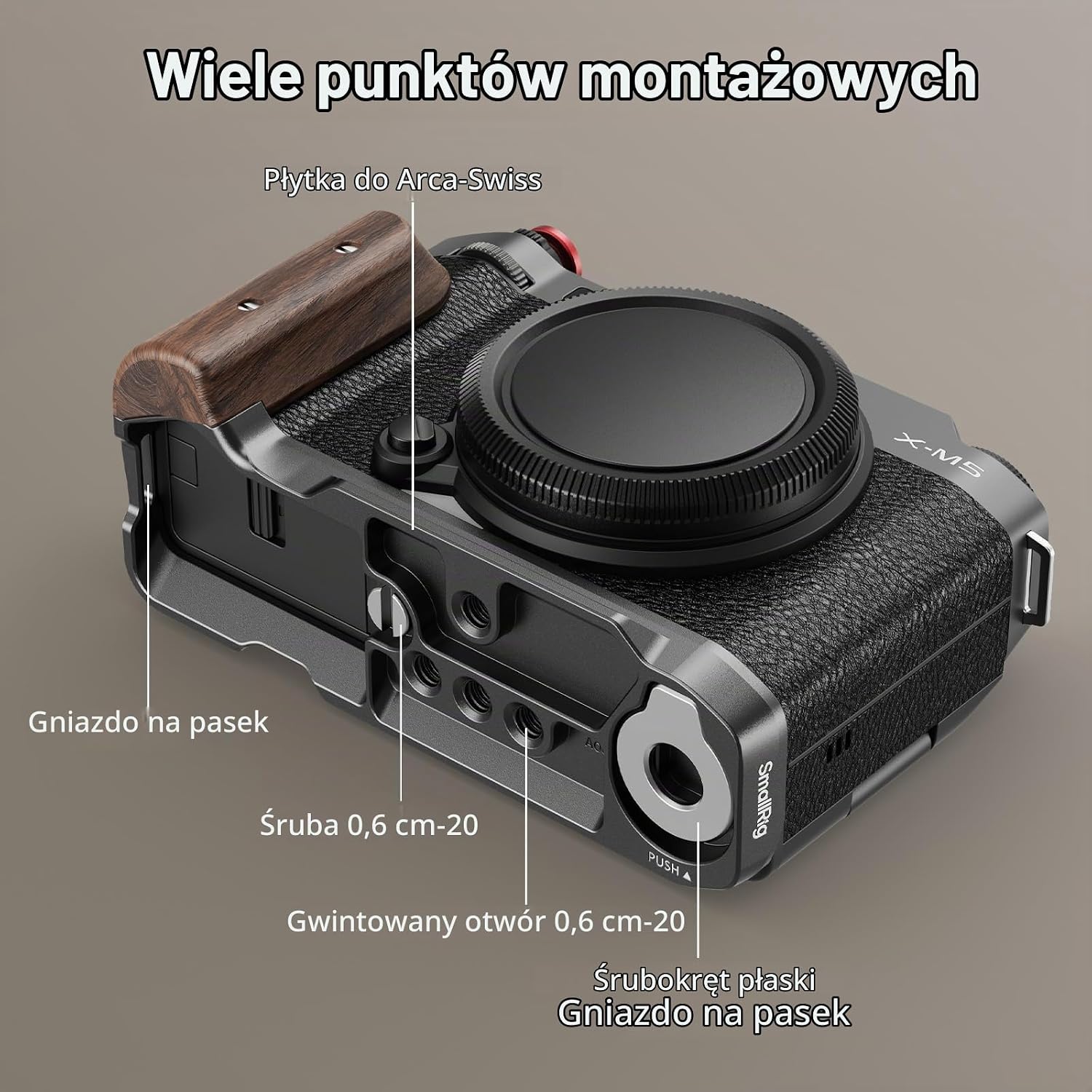 Detalle 2 de SMALLRIG 5260 – drewniany uchwyt L do FUJIFILM X-M5 z mocowaniem Arca-Swiss