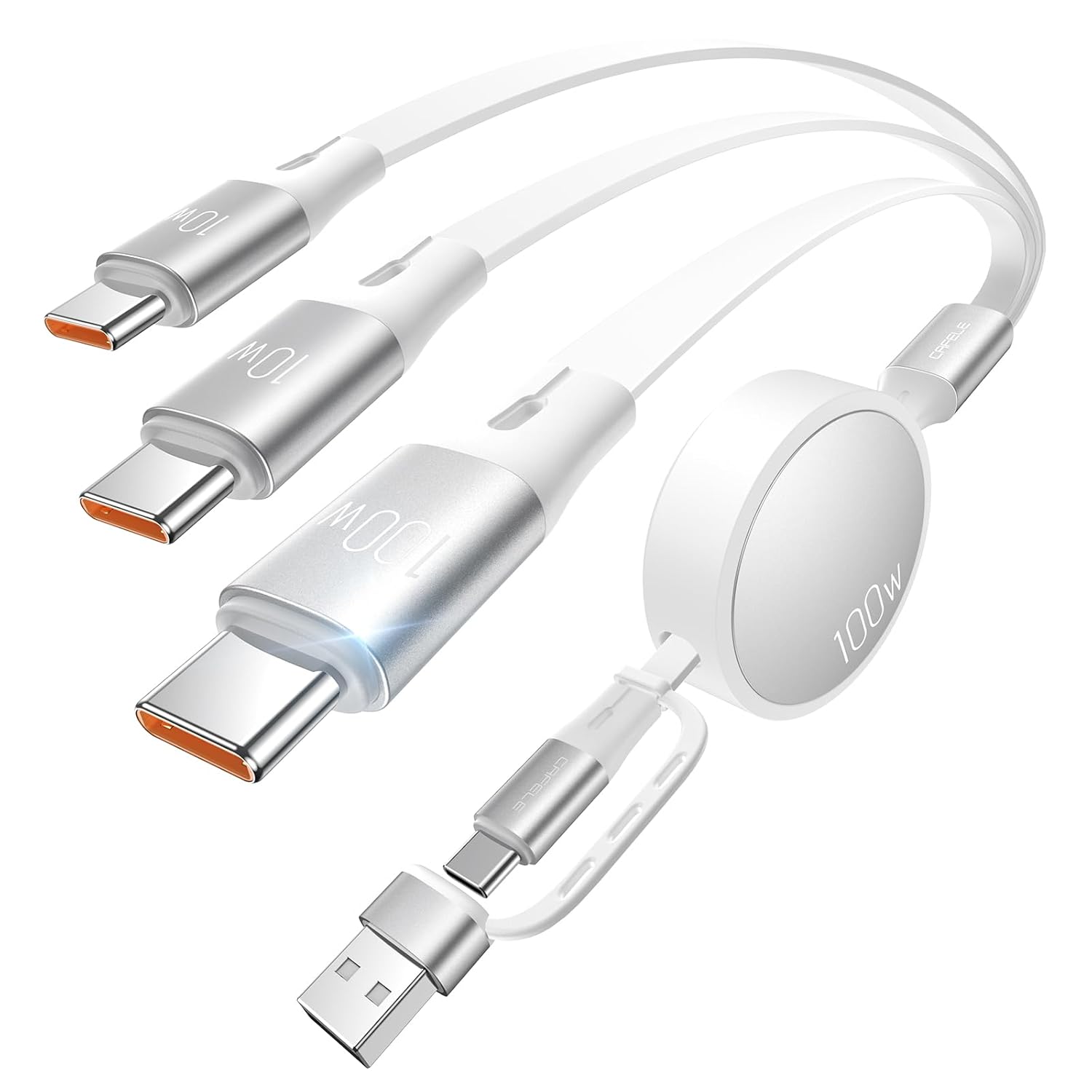 Detalle de CAFELE 100W Retractable 3-in-1 USB-C Cable with PD3.1/QC5.0 – 130cm Extendable, White