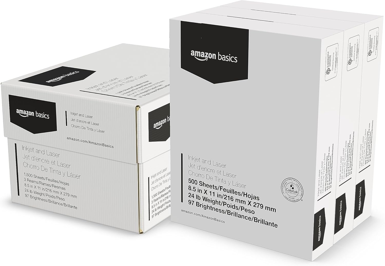 Amazon Basics 8.5 x 11 Paper for Copy/Printer, 24 lb, 1500 Sheets (3 x 500), Bright White 97 GE