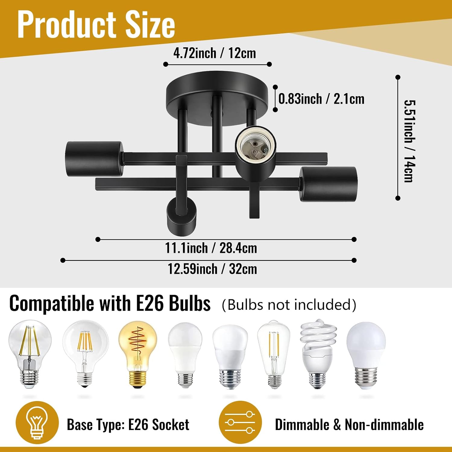 Detalle de Maichixin 4-Light Semi-Flush Mount Ceiling Light, Matte Black Metal