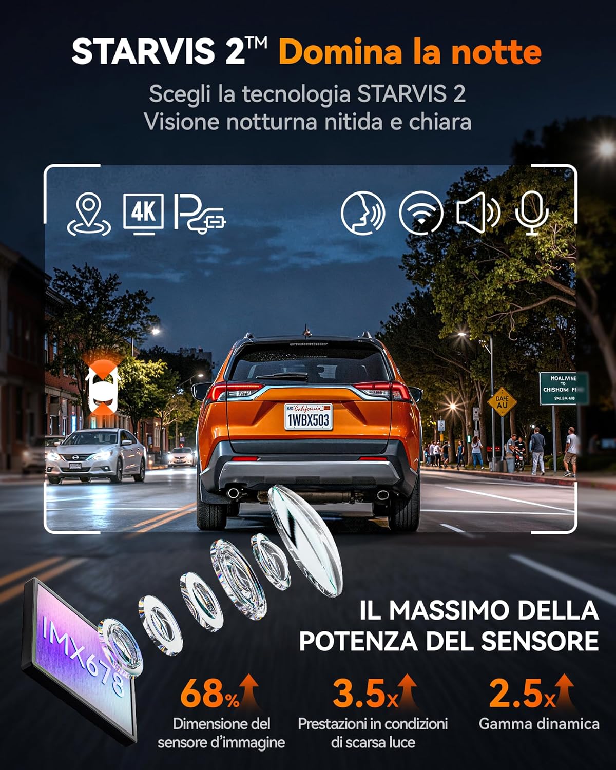Thumbnail 3 de WOLFBOX X5 Duo 4K + 2.5K Dashcam auto anteriore e posteriore con anti shake, STARVIS 2 HDR, Wi‑Fi 5.8 GHz e GPS