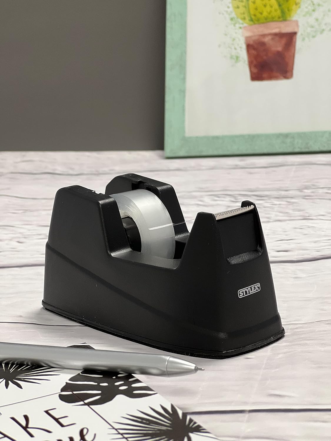 Detalle de Stylex 23288 plakbanddispenser, zwart met antislipbodem en metalen mes