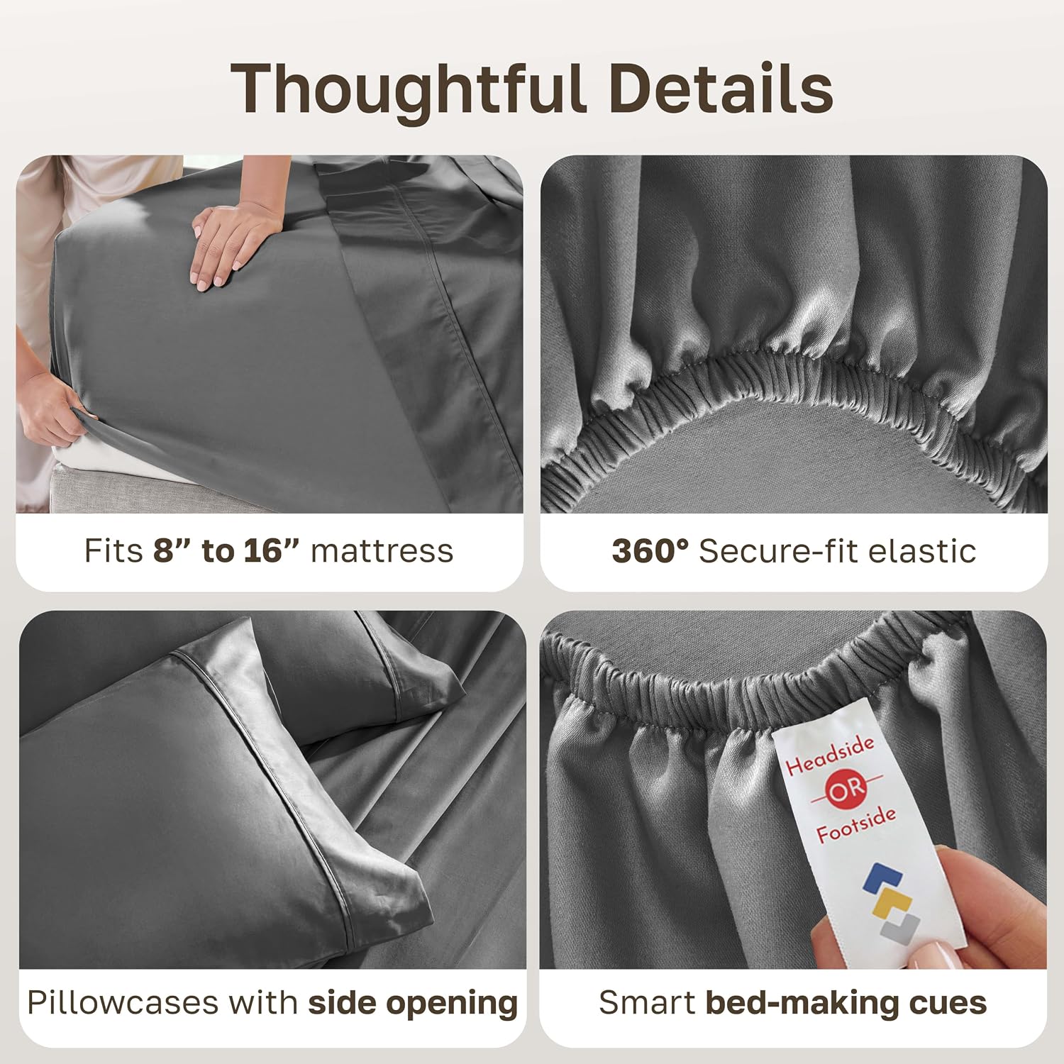 Detalle de California Design Den 840307139276 Cotton Sateen Queen Sheet Set, Gray, 400 Thread Count