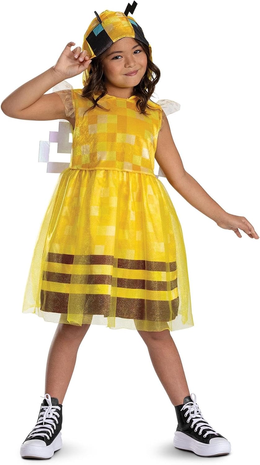 Detalle de Minecraft-bijenkostuum voor kinderen met capuchon en vleugelmotief