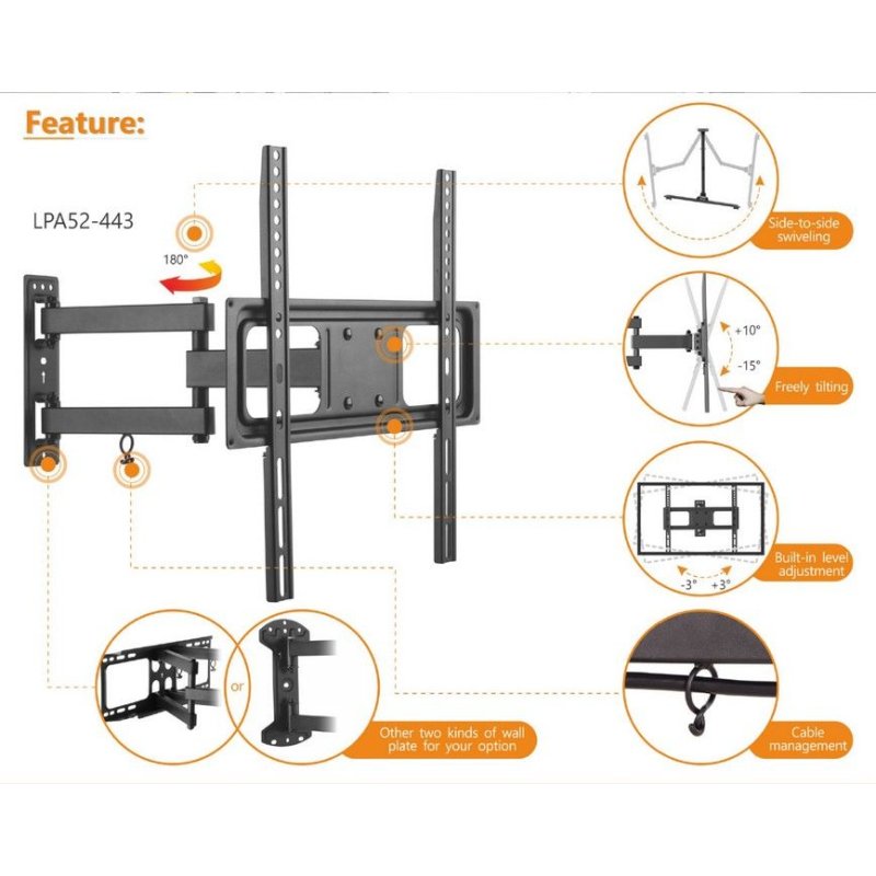 Detalle 2 de Equip Soporte de Pared para Pantalla 37"-70" de Doble Brazo Inclinable y Giratorio (VESA 600x400) - Carga Máx. 35 kg