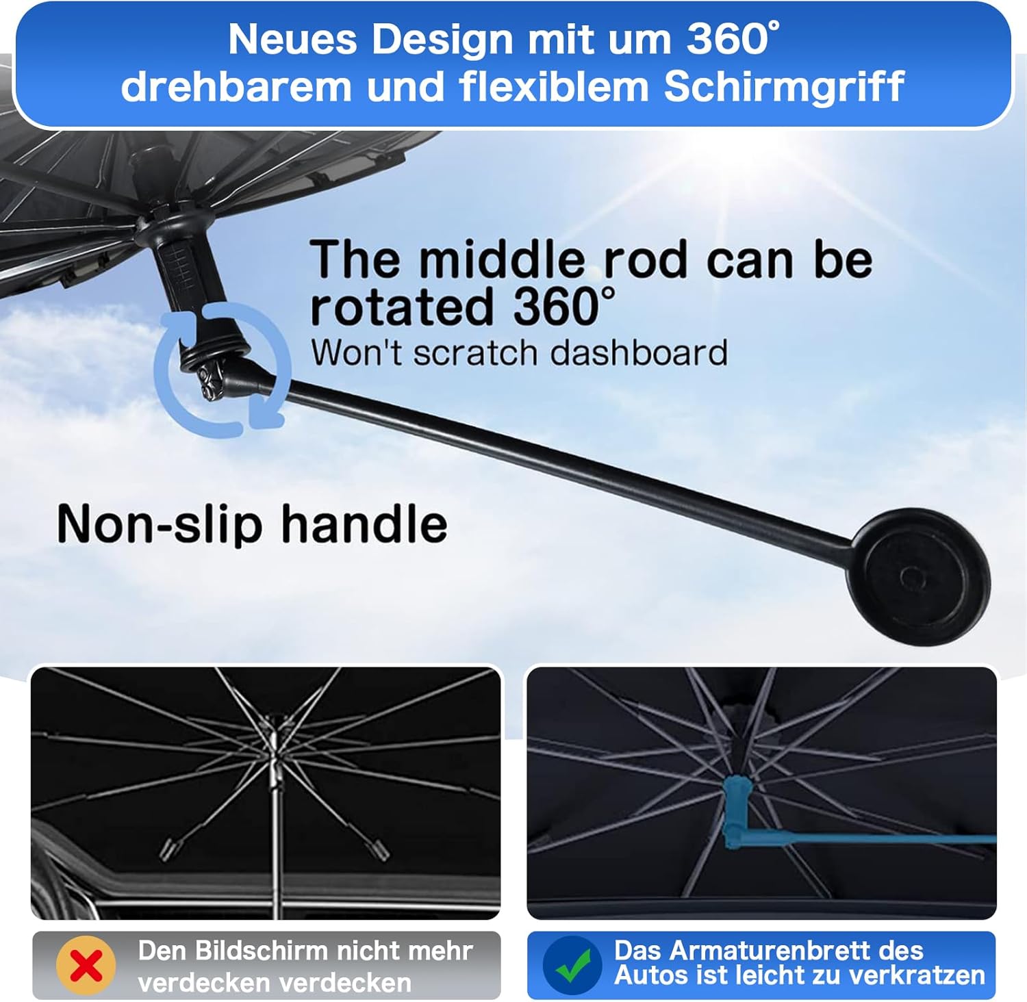 Detalle de JelKen Auto Sonnenschutz Frontscheibe mit 360° Drehgriff – Carbonfaser-Skelett, 140x79 cm (Universell)