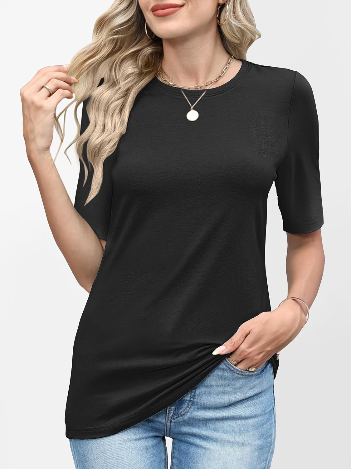Thumbnail 3 de ANRABESS Women's Half Sleeve Crewneck Basic Tee: Everyday Workwear That Fits