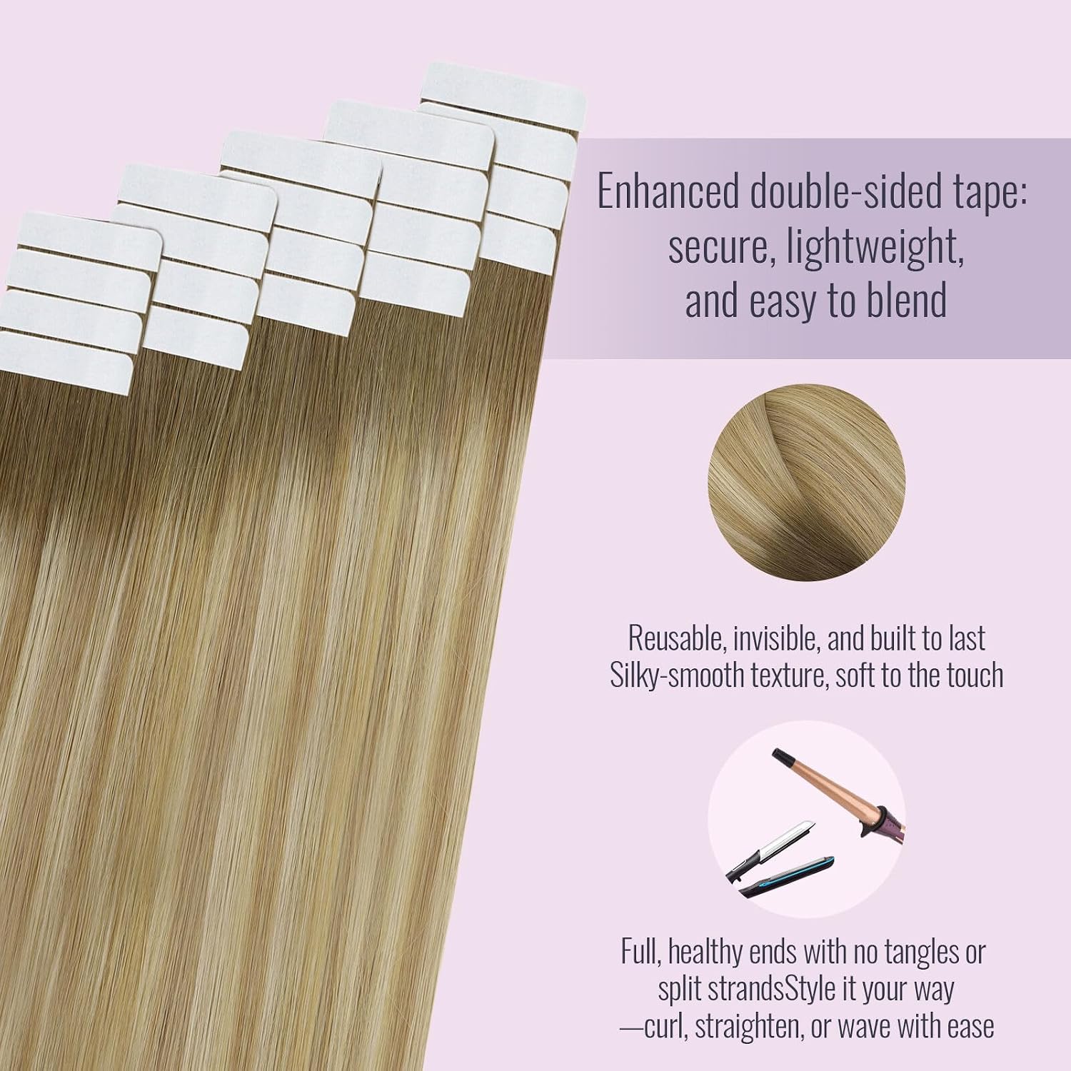 Detalle de Fshine Tape-in Extensions Echthaar 40 cm, 50 g, 20 Stücke – Kastanienbraun bis Honigblond (Farbe 6/27/60)