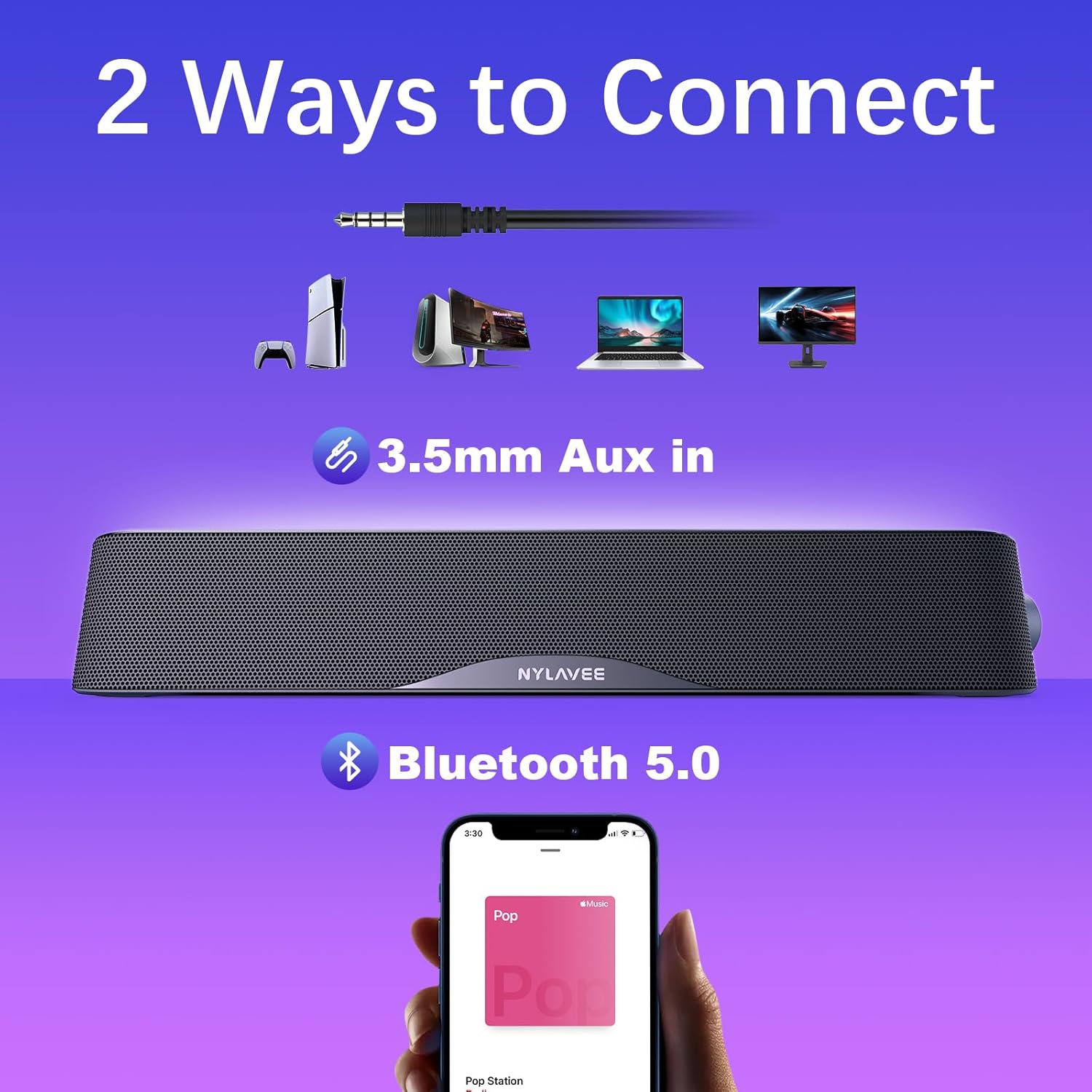 Thumbnail 2 de Nylavee Computer Speakers: Hi-Fi Stereo Sound Bar with Bluetooth, USB Power, and Built-in Mic