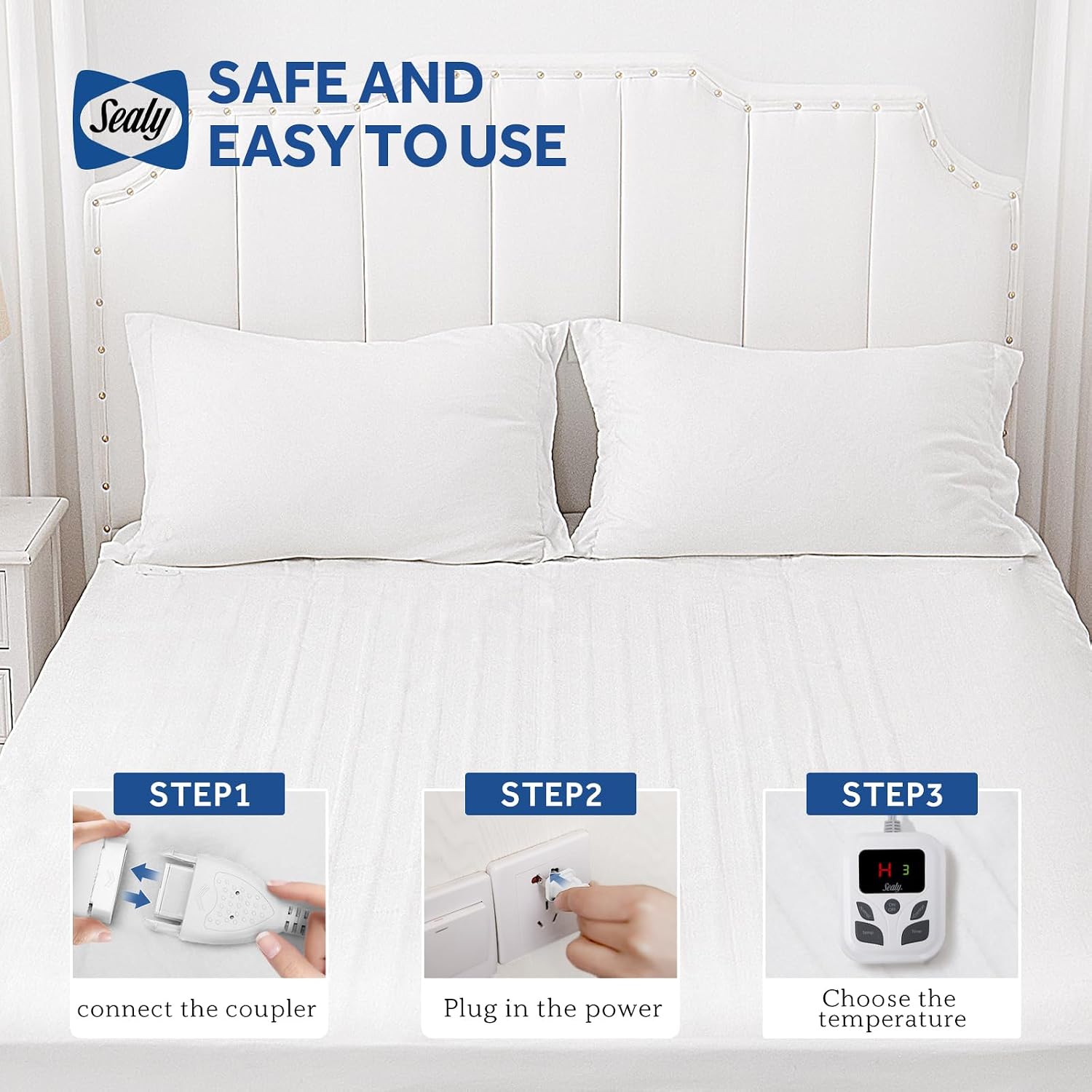 Detalle 2 de Sealy Twin Heated Mattress Pad, Machine Washable with Auto Shutoff