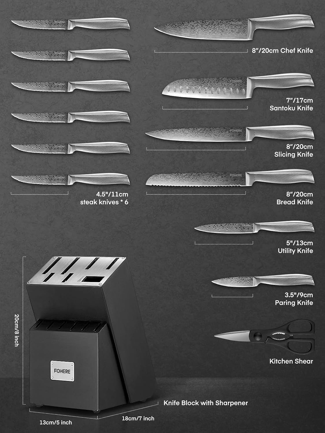 Detalle 2 de FOHERE Juego de Cuchillos Cocina 14 pzas🗡️ Autoafilado y Mango Ergonómico