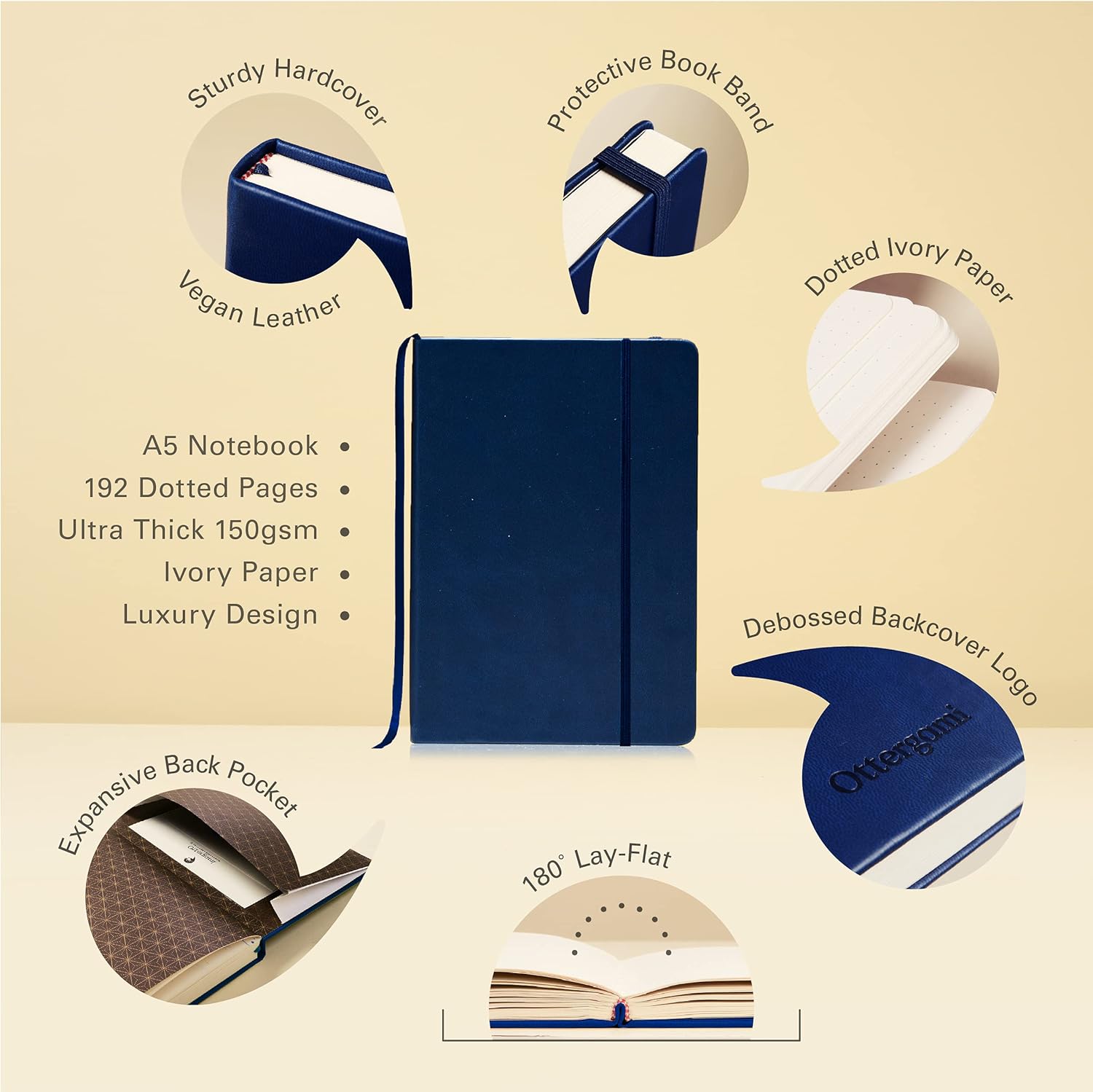 Thumbnail 2 de Ottergami The Pro Bullet Dotted Journal (Navy Blue) – A5 hardcover dotted notebook with 150gsm thick paper