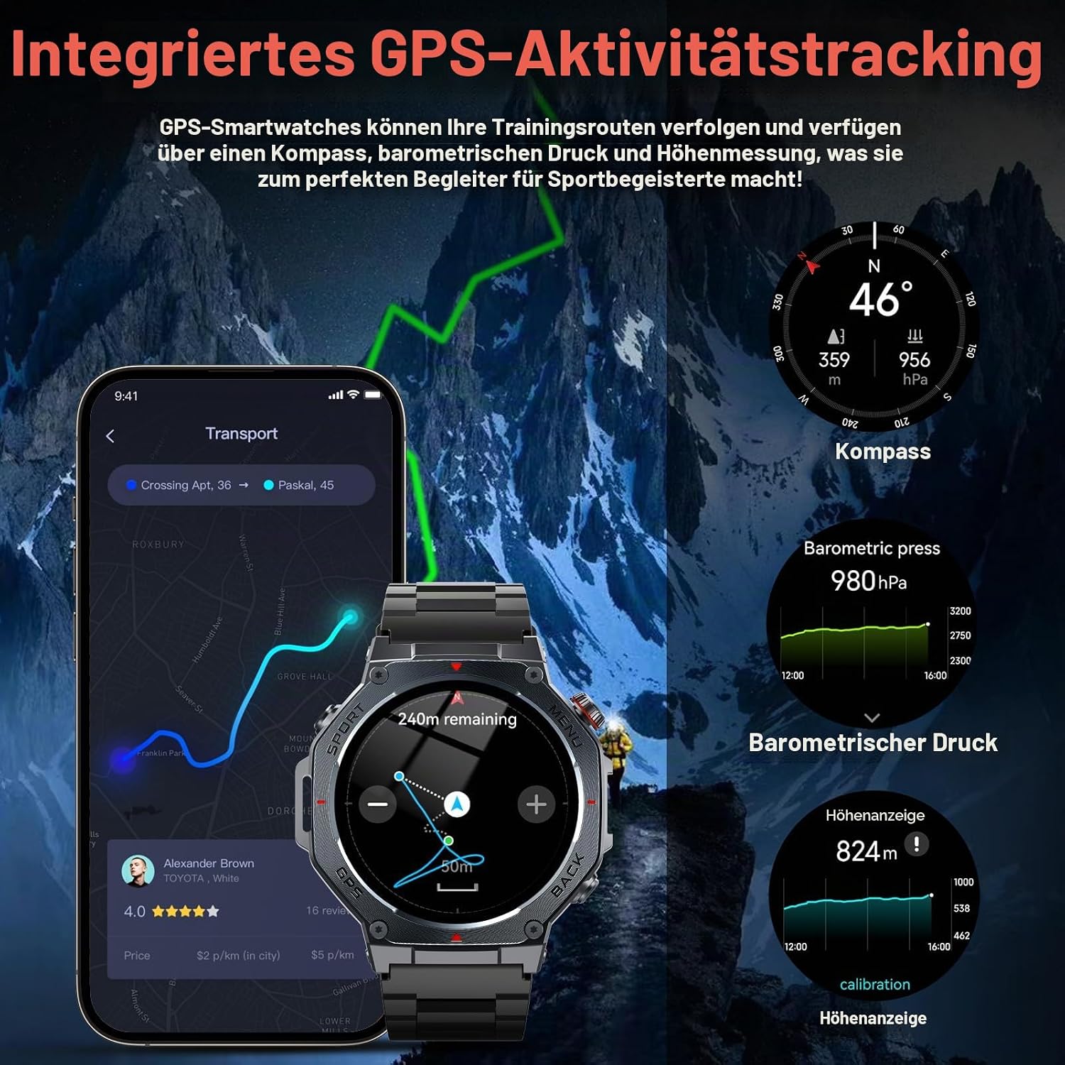 Thumbnail 1 de Jugeman Smartwatch Herren GPS – 1,43 Zoll AMOLED Fitnessuhr mit Bluetooth Anrufen