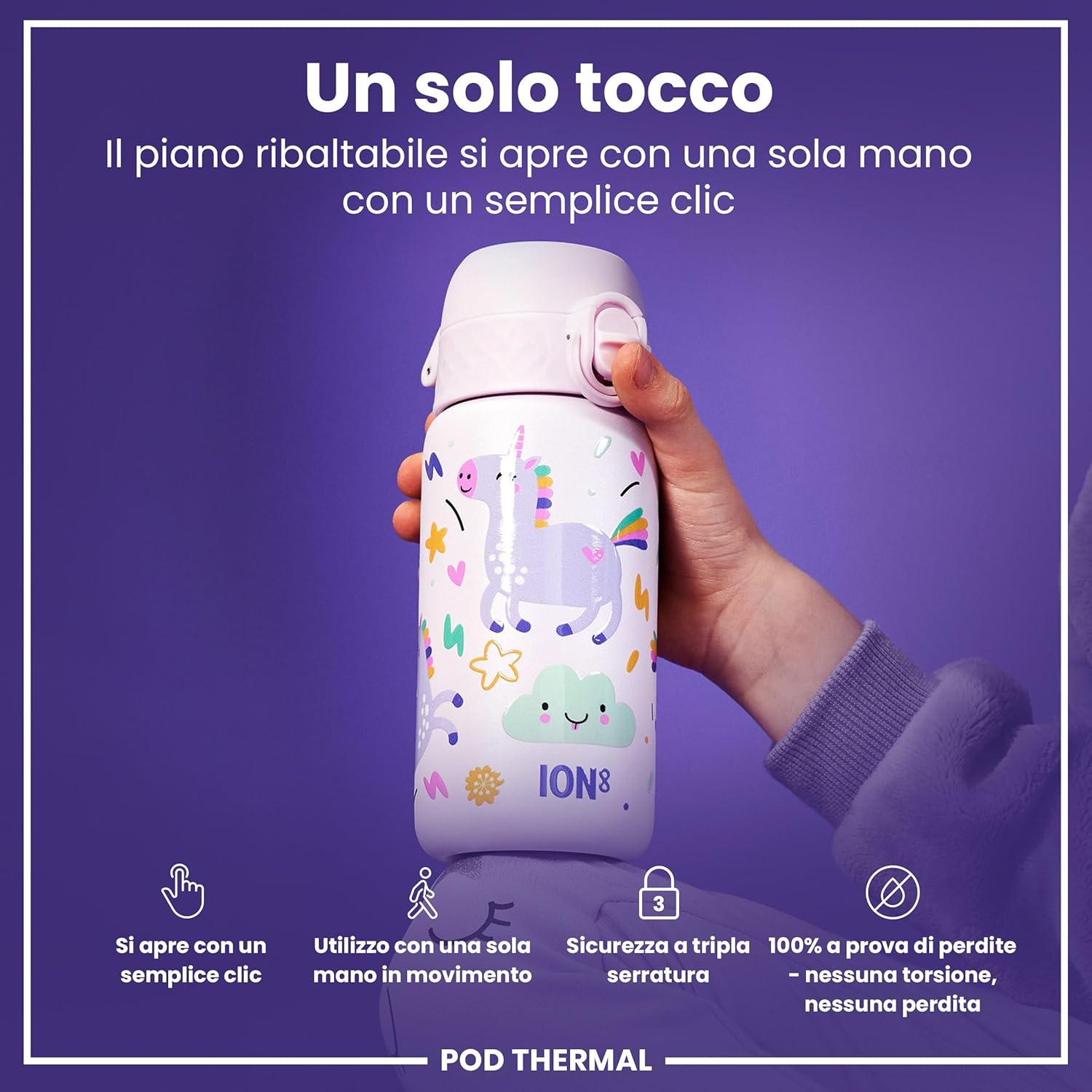 Detalle de Ion8 Borraccia Termica in Acciaio Isolato 320 ml – Unicorn Rosa, a prova di perdita