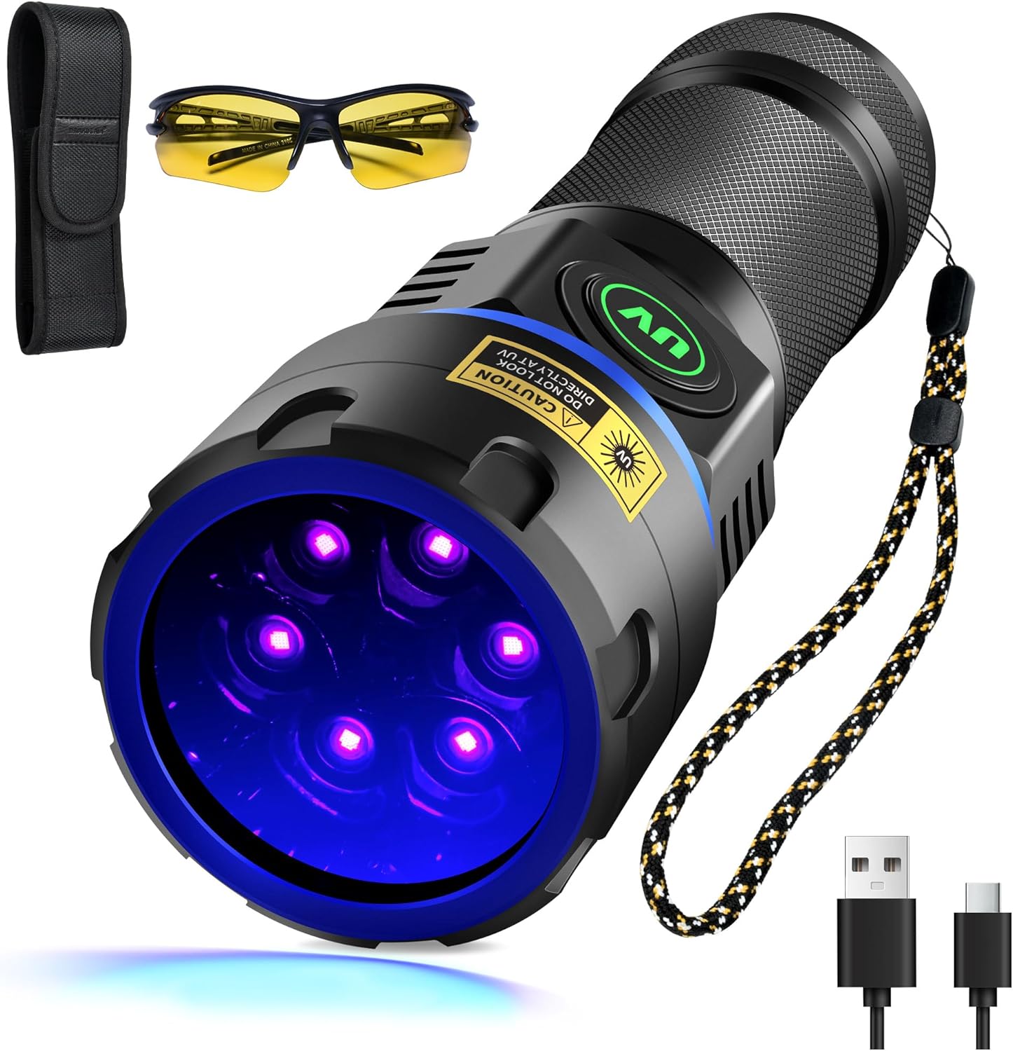 Detalle de DARKBEAM Torcia UV 365nm a 6 LED: luce nera portatile 60W, ricaricabile USB-C