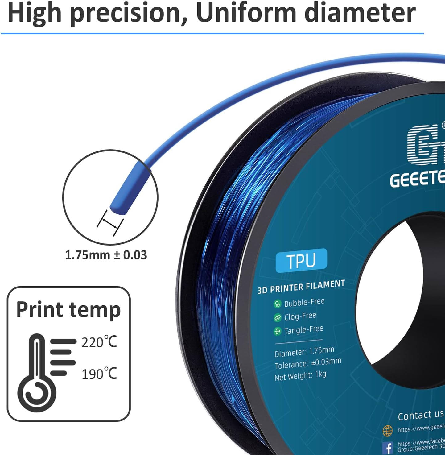 Detalle 2 de GEEETECH TPU Filament 1,75 mm transparent blau 1 kg