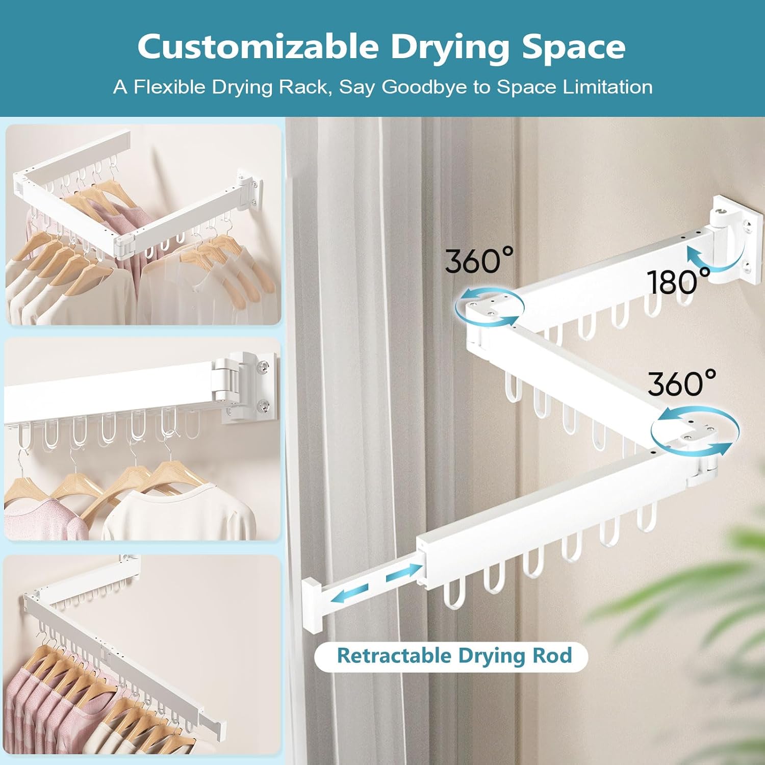 Thumbnail 4 de JAUREE Wall Mounted Drying Rack with 18 Hooks