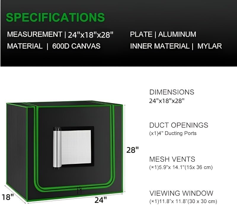 Detalle 1 de MELONFARM MLFNGT212L Small Grow Tent, 24 x 18 x 28 in., 600D Canvas