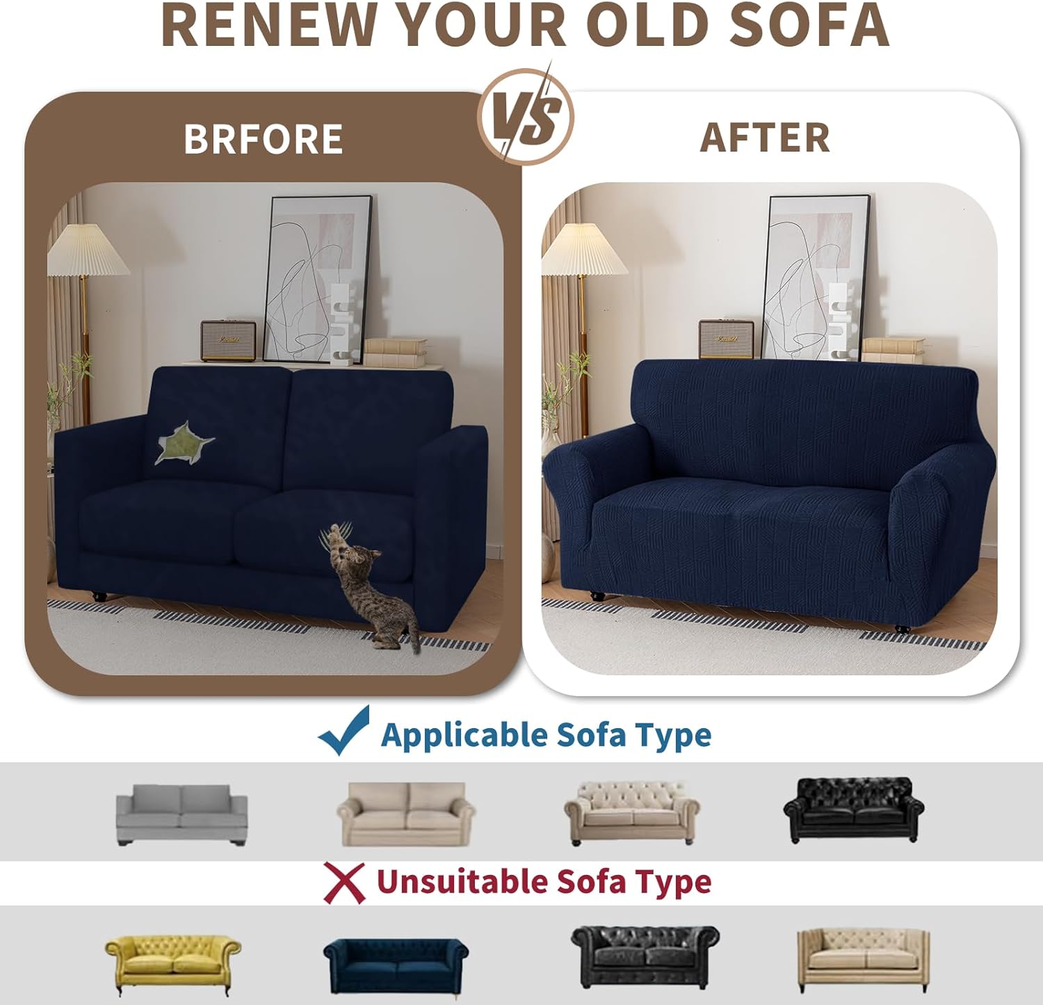 Thumbnail 5 de Ystyle housse de canapé extensible 4 places (231–279 cm) avec accoudoirs, bleu foncé, antidérapante et lavable