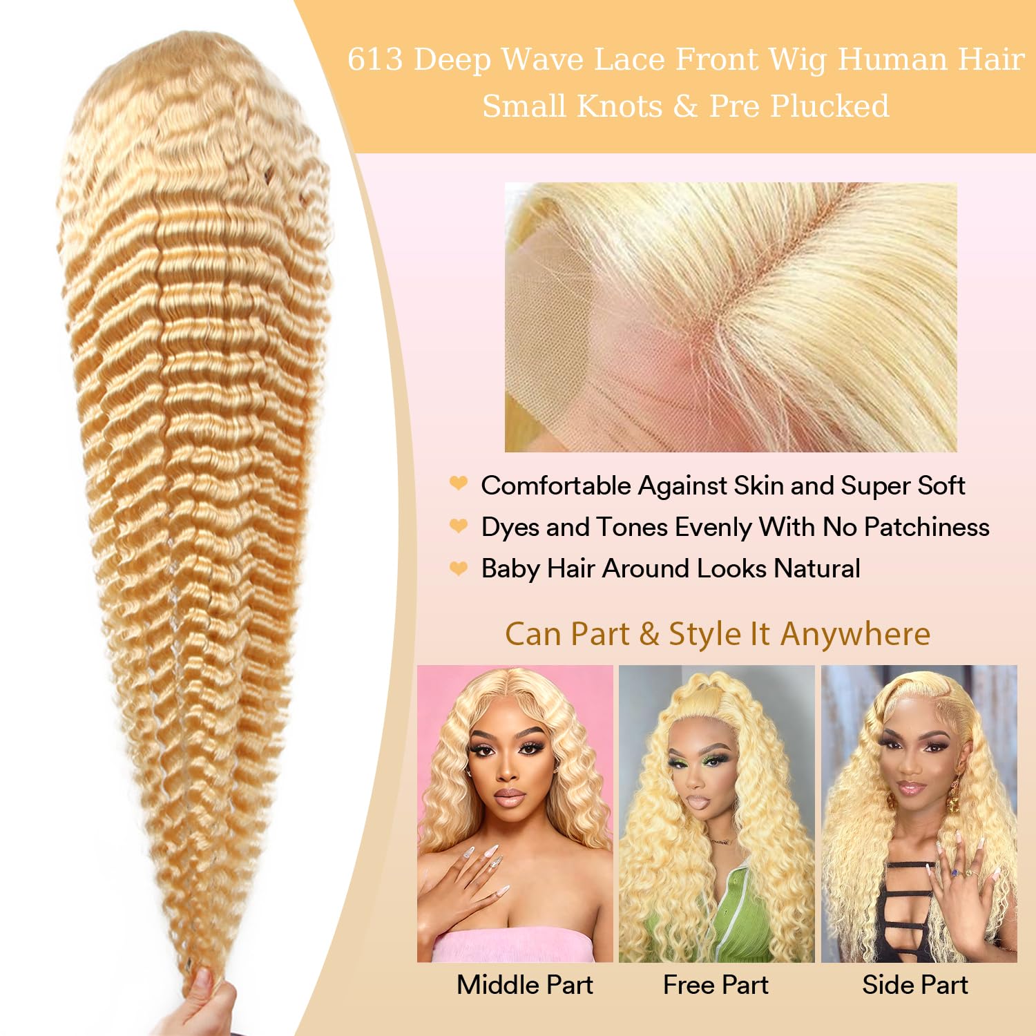 Thumbnail 3 de HUANGCAI 32 Inch 613 13x6 Lace Front Wig Human Hair – Blonde Deep Wave, 200% Density