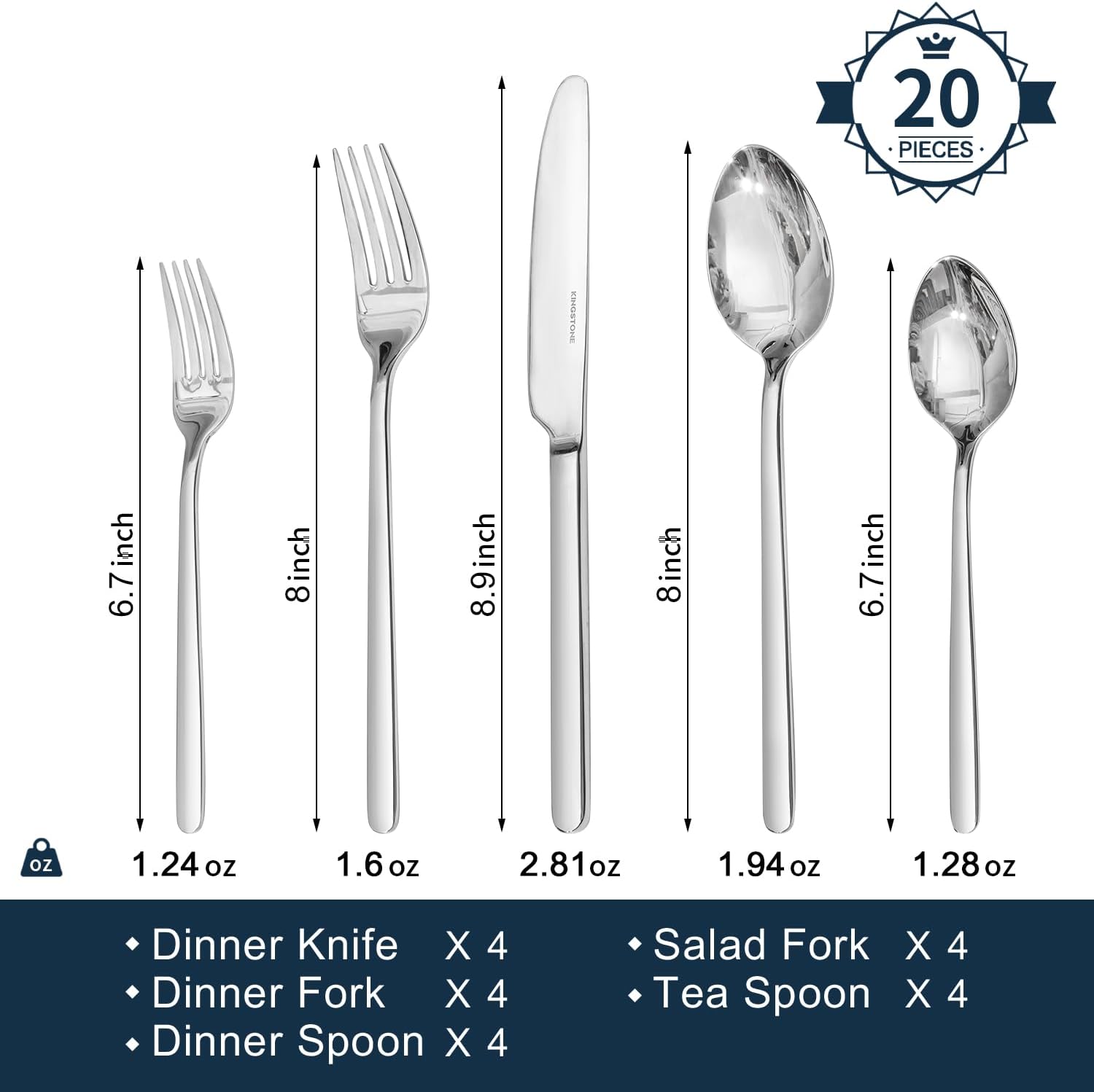 Detalle de KINGSTONE 20-Piece Flatware Set for 4, Mirror-Polished Stainless Steel