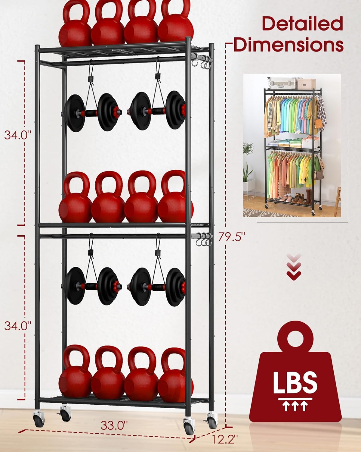 Thumbnail 1 de Sakugi Clothes Rack with Shelves & Wheels (Black) 33.0" x 12.2" x 79.5