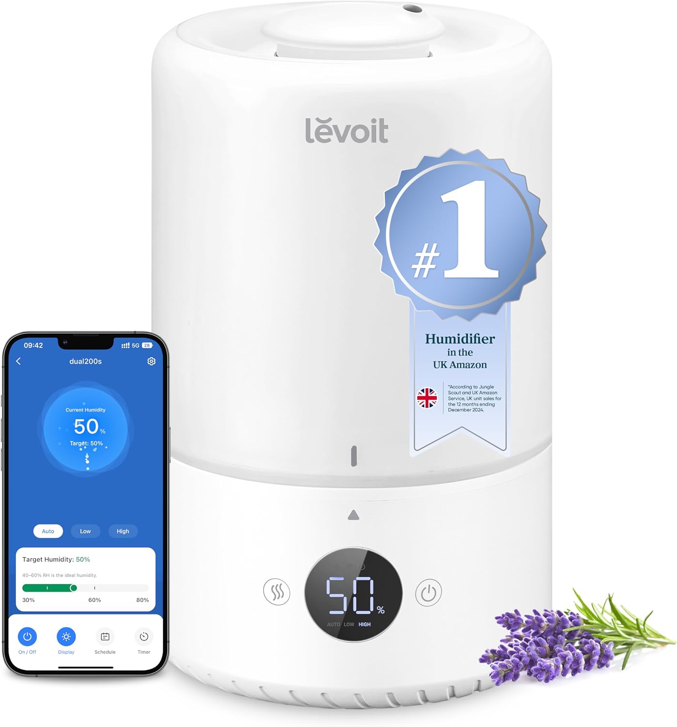 Detalle de Levoit Smart Cool Mist Humidifier for Bedroom (3L Top Fill) with Vesync, Alexa Control & Auto Mode