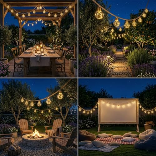 Detalle 2 de Cnulenzt Solar Lichterkette Outdoor 20 Glühbirnen, 10 m, Hanfseil – dimmbar, Memory-Funktion, USB & Solar