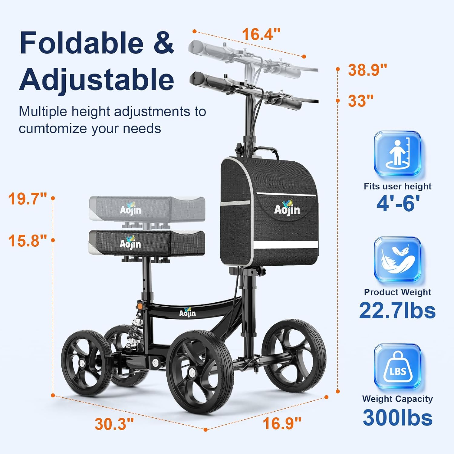 Thumbnail 1 de Aojin WB-2201-BLACK-S Knee Scooter, 8-Inch Wheels, Dual Brakes