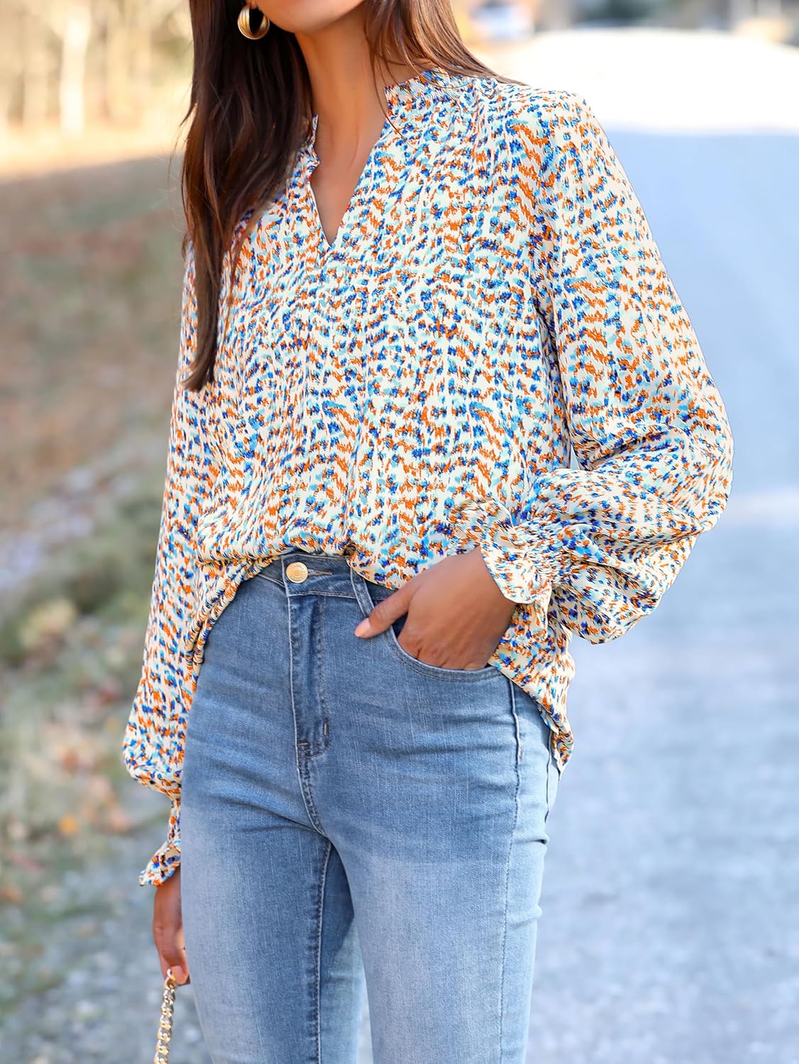 Detalle de MASCOMODA Womens V Neck Floral Top