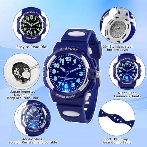 Detalle de DTKID Kinderuhr Junge Mädchen – 7-Farben Armbanduhr Analoge Uhr, 3ATM Wasserdicht, 5–16 Jahre