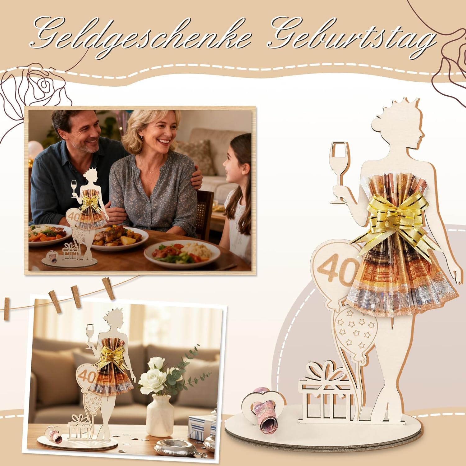 Thumbnail 4 de Geldgeschenke Geburtstag Frau (40. Geburtstag) – personalisierbares Holz-Schild als Gästebuch
