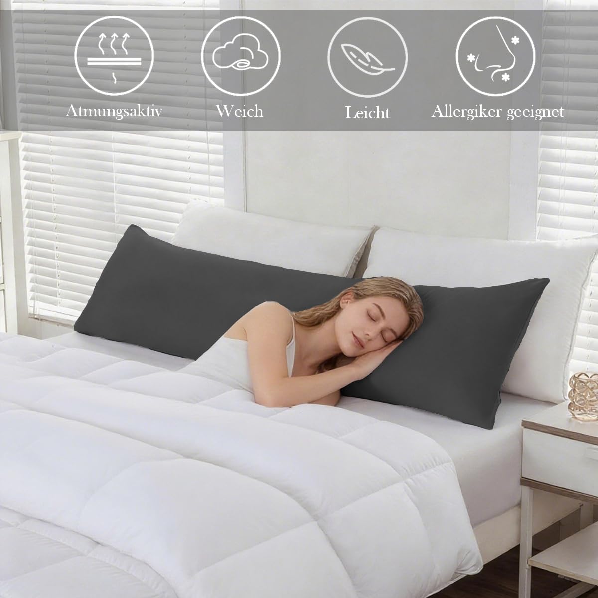 Detalle de Nesture Seitenschläferkissen Bezug 40 x 145 cm (2er-Set) in Anthrazit – 100% Mikrofaser mit Reißverschluss