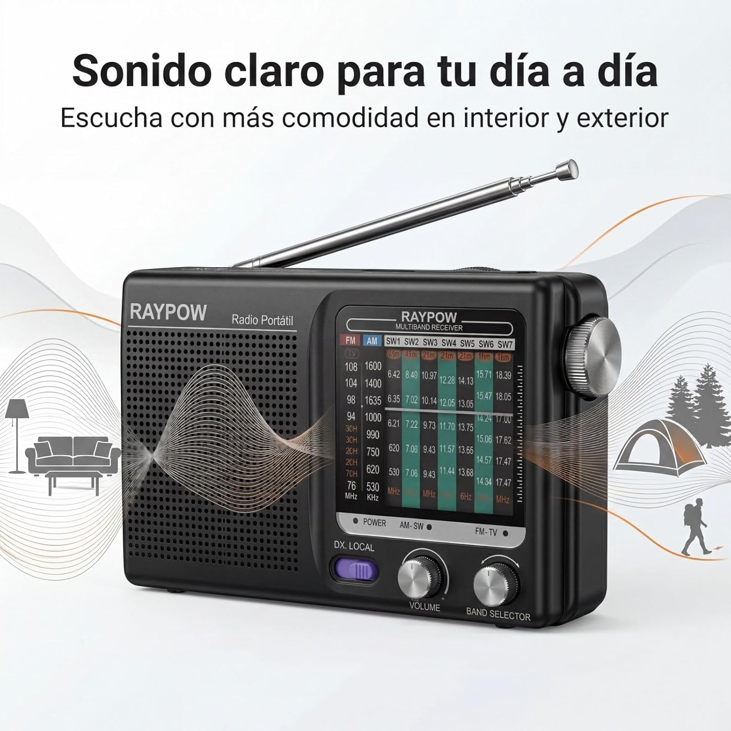 Thumbnail 2 de RAYPOW Raypow Radio Portatile a 9 bande FM/AM/SW1–SW7 con speaker e alimentazione a 2 batterie AA