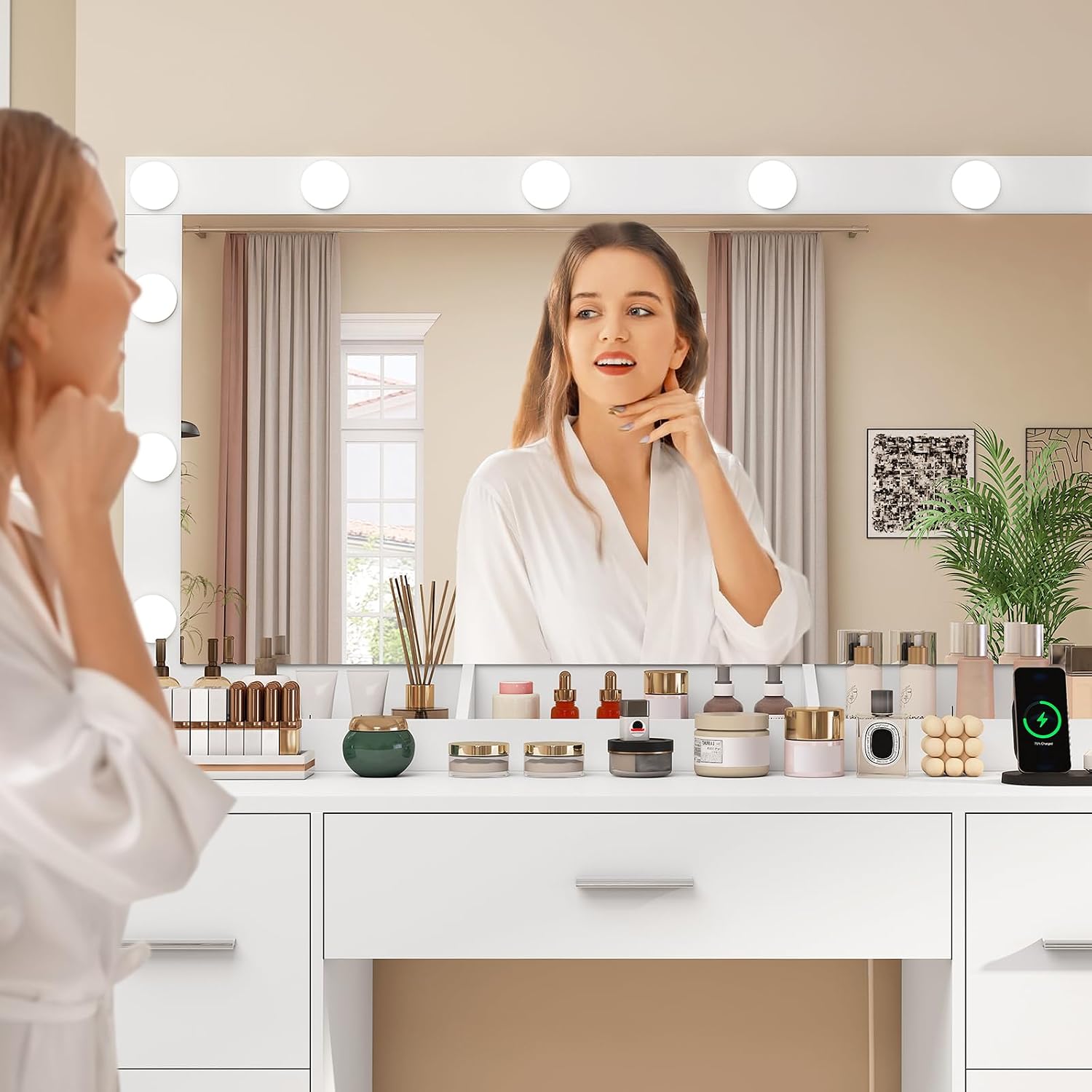 Detalle de TEENFON ENSTA020WDN-ZF Dressing Table with LED Mirror, 7 Drawers and Charging Station