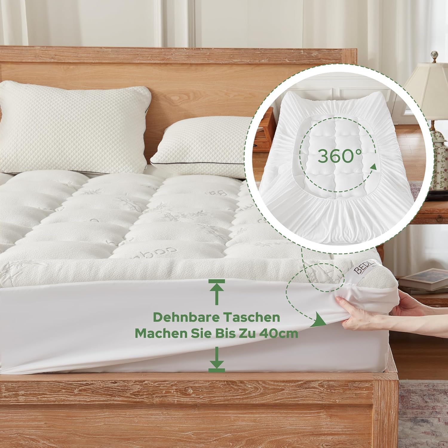 Detalle de BEDLORE Matratzentopper 180 x 200 cm aus Bambusfaser-Viskose mit dehnbaren Taschen (bis 40 cm Matratzenhöhe)