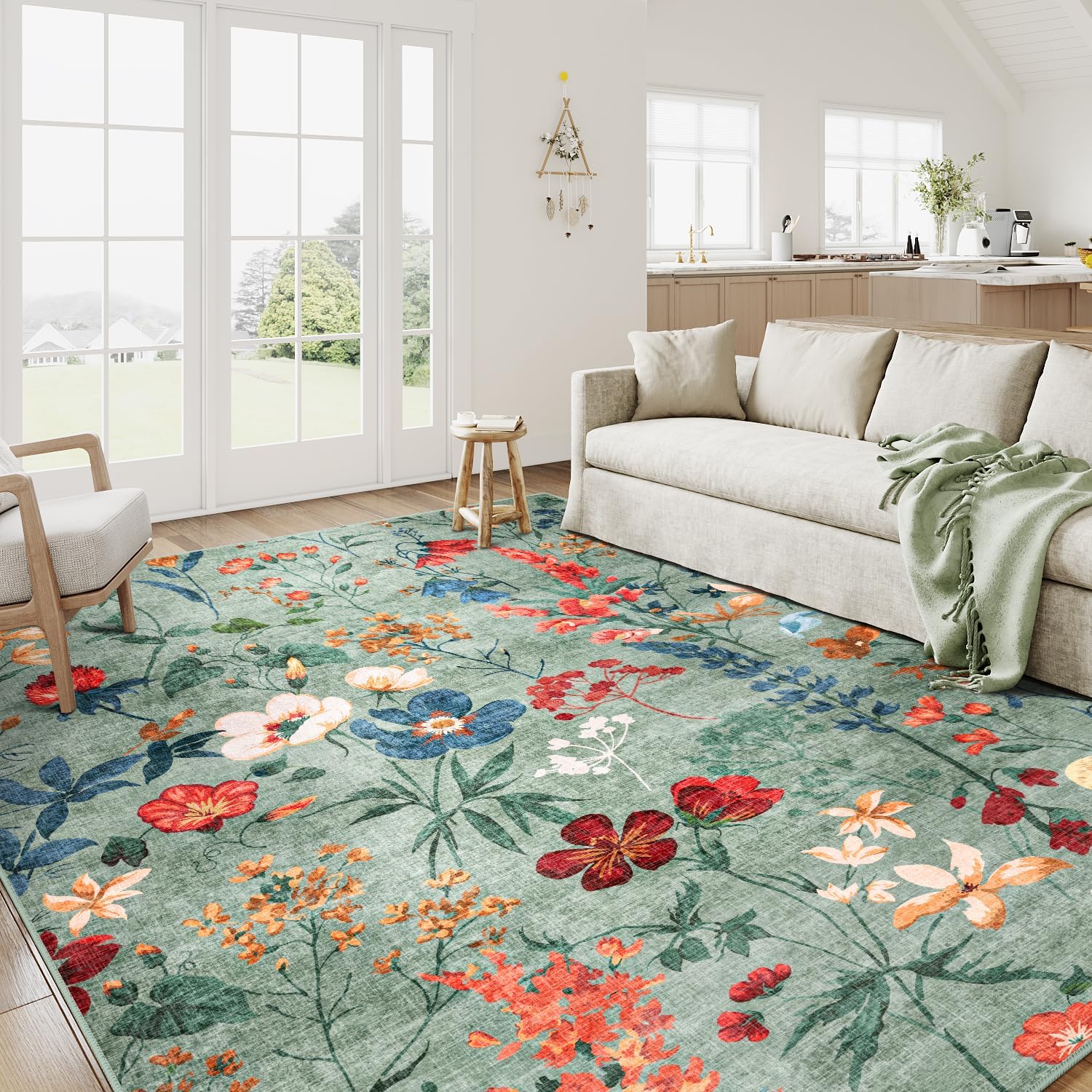 Detalle de HUGEAR waschbarer Teppich mit Blumenmuster (200x300 cm) – rutschfest für Wohnzimmer, Schlafzimmer & Büro