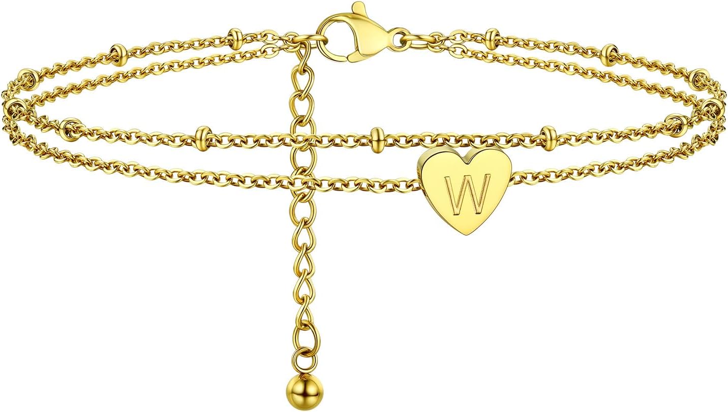 Detalle de PROSTEEL Bracelet de cheville femme plaqué or jaune 18k avec charm cœur initiale et chaîne double ajustable 22+5 cm