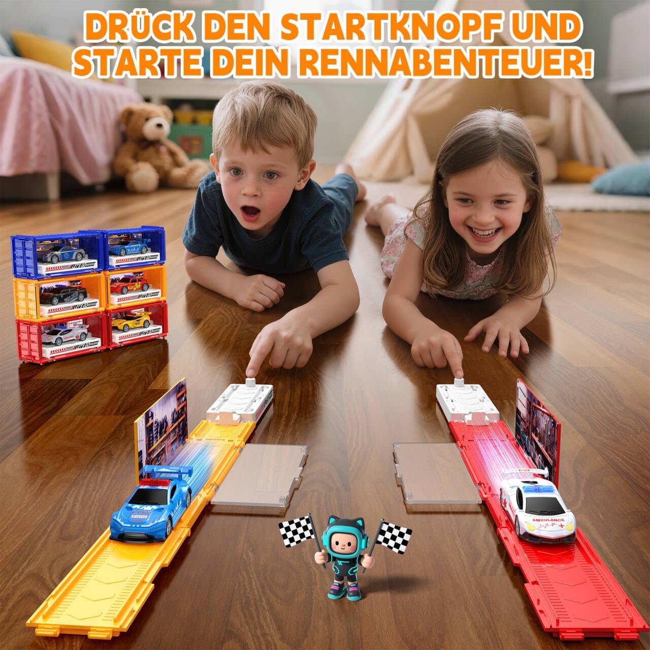 Detalle de GoStock Auto Spielzeug Set – Metallrennwagen mit faltbarer Rennbahn und Garage