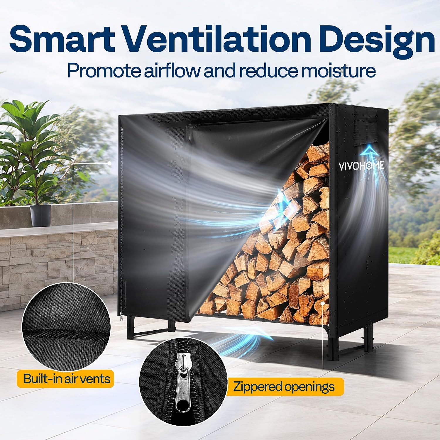 Detalle de VIVOHOME VH284 4-Foot Outdoor Firewood Rack Cover, 600D Oxford, Black
