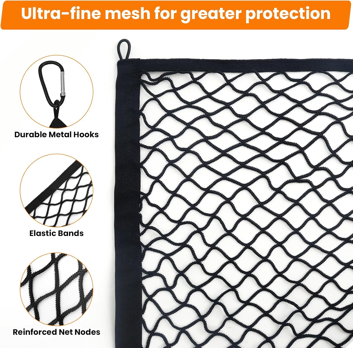 Detalle de Highly Elastic Cargo Net for Truck Bed – 1×1.2m (stretches to 2×2.3m) with 6 Carabiner Hooks