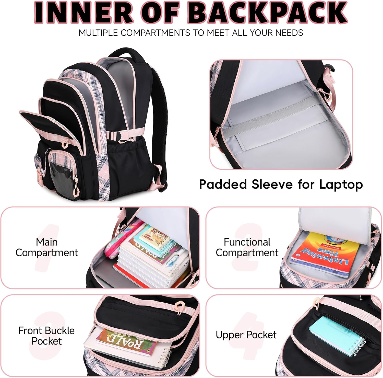 Detalle de Amythe Sac à Dos Fille – Cartable léger et ergonomique 22 L, noir rose (8–14 ans)