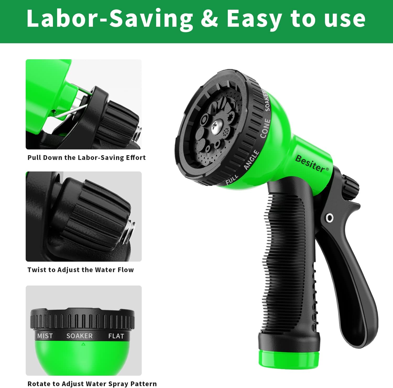 Detalle de Besiter 10-green-yellow Garden Hose Nozzle Sprayer, 2-Pack, 10 Patterns