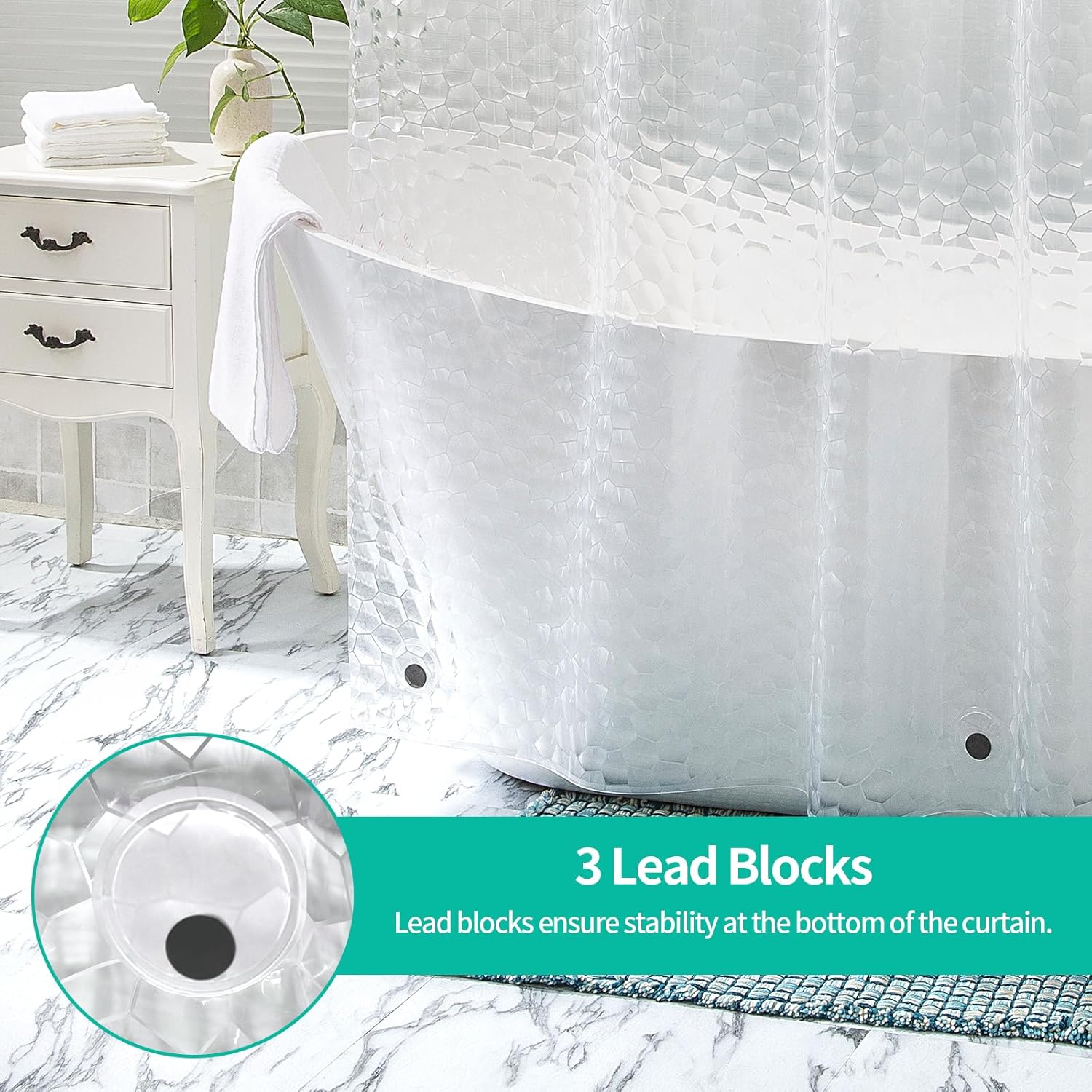 Detalle de OTraki Clear Shower Curtain 180 x 180 cm: Extra Long 3D Design, Anti-Mould, Waterproof with 12 Hooks
