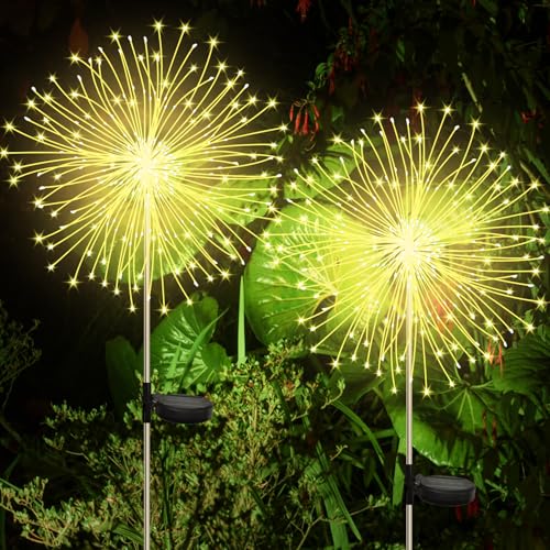 Detalle de CNMTCCO 2 Stück Solar Feuerwerk Gartenlichter – 120 LED IP65, Warmweiß, DIY-Deko für Hof, Terrasse und Rasen