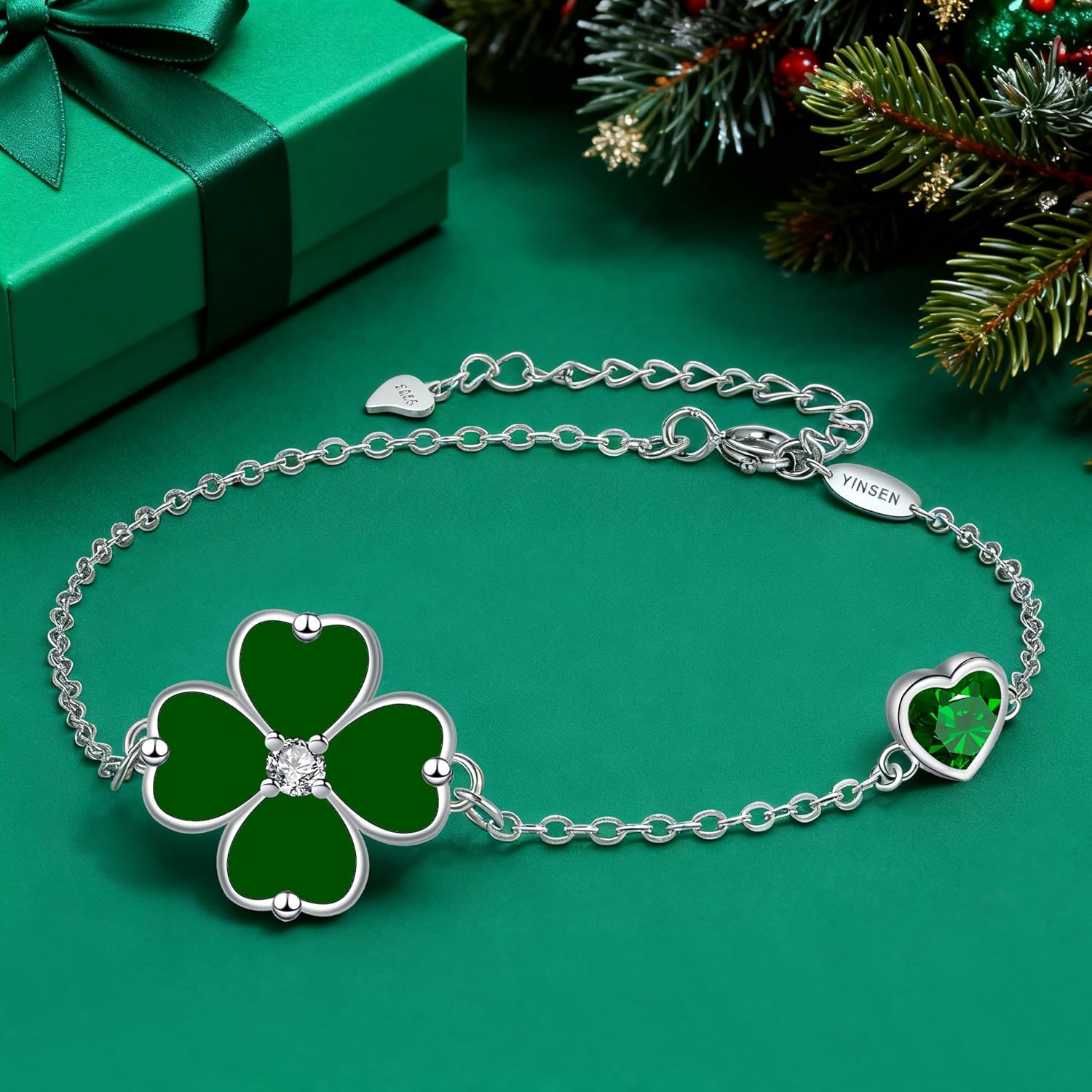 Detalle de Yinsen Kleeblatt-Armband für Damen aus 925 Sterling Silber – glücksbringer Armkette mit Geschenkbox